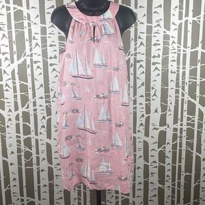St. Tropez West Linen Sailboat Print Pink High Neck Dress S